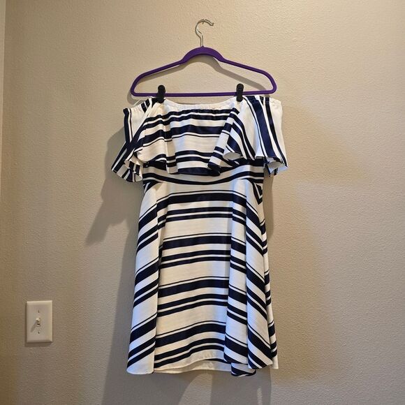 Badgley Mischka Striped Off-Shoulder Mini Dress Sz 12 - Picture 3 of 3